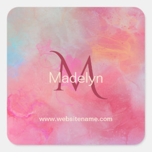 Adesivo Quadrado Nome Personalizado + Monograma Rosa Tinta de Aquar