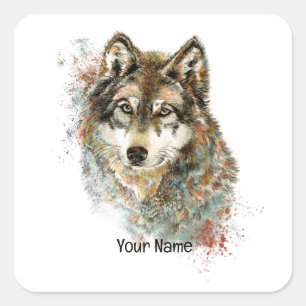 Adesivo Quadrado Nome personalizado ou Wolf de texto aquarela anima