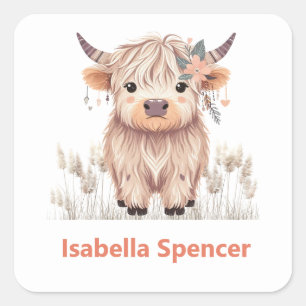 Adesivo Quadrado Nome Personalizado Rapariga Cute Moderna Vaca High