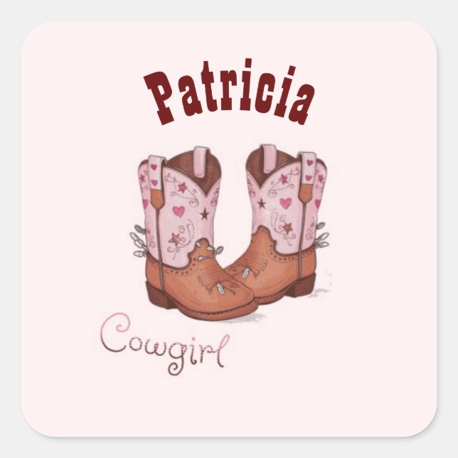 Adesivo Quadrado Nome Personalizado Trendy Cute CowGirl Boots Rosa (Frente)