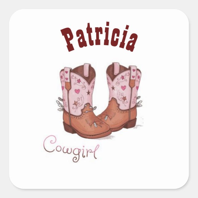 Adesivo Quadrado Nome Personalizado Trendy Cute CowGirl Boots Rosa  (Frente)