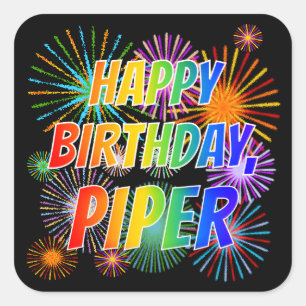 Adesivo Quadrado Nome "PIPER", Diversão "FELIZ ANIVERSÁRIO"