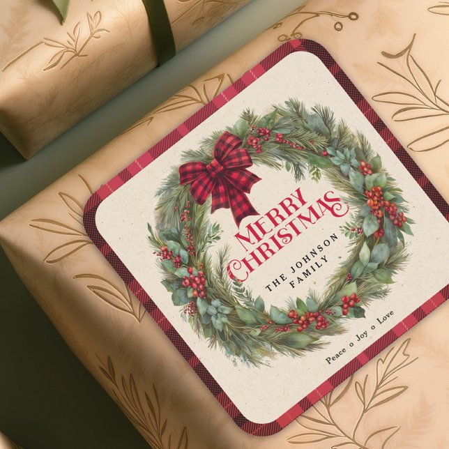 Adesivo Quadrado Nome Red Buffalo Xadrez Farmhouse Wreath de Natal (Criador carregado)