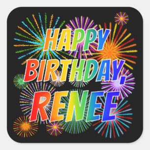 Adesivo Quadrado Nome "RENEE", Diversão "FELIZ ANIVERSÁRIO"
