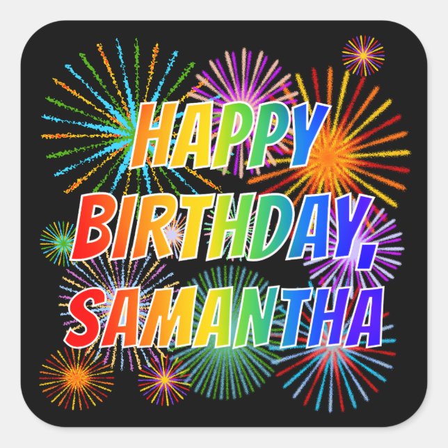 Adesivo Quadrado Nome "SAMANTHA", Diversão "FELIZ ANIVERSÁRIO" (Frente)
