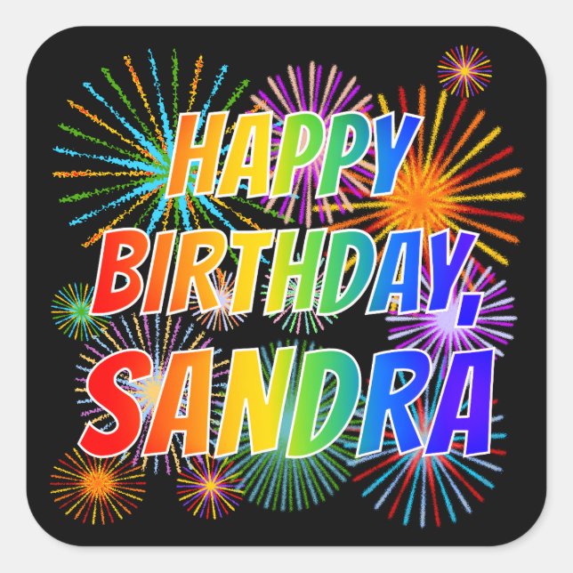 Adesivo Quadrado Nome "SANDRA", Diversão "FELIZ ANIVERSÁRIO" (Frente)