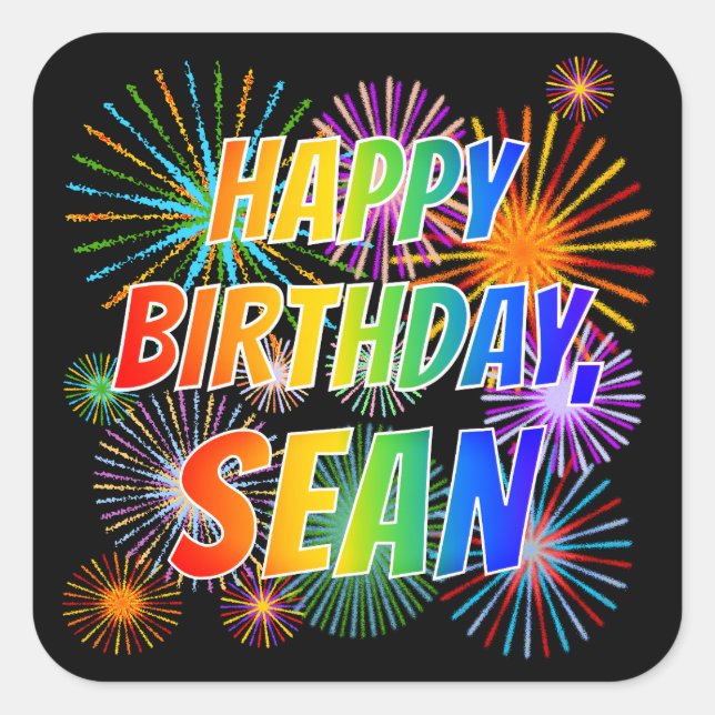 Adesivo Quadrado Nome "SEAN", Diversão "FELIZ ANIVERSÁRIO" (Frente)