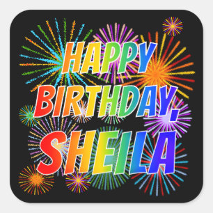 Adesivo Quadrado Nome "SHEILA", Diversão "FELIZ ANIVERSÁRIO"