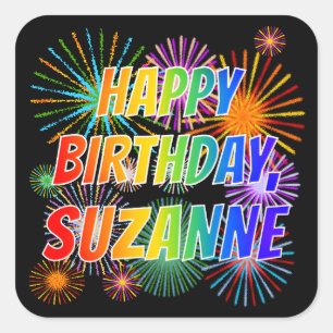 Adesivo Quadrado Nome "SUZANNE", Diversão "FELIZ ANIVERSÁRIO"