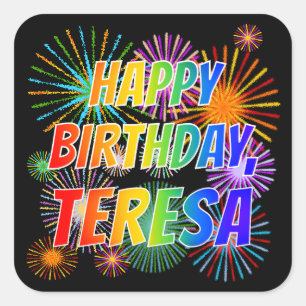 Adesivo Quadrado Nome "TERESA", Diversão "FELIZ ANIVERSÁRIO"