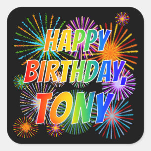 Adesivo Quadrado Nome "TONY", Diversão "FELIZ ANIVERSÁRIO"