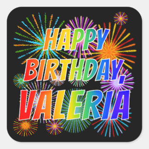 Adesivo Quadrado Nome "VALERIA", Diversão "FELIZ ANIVERSÁRIO"