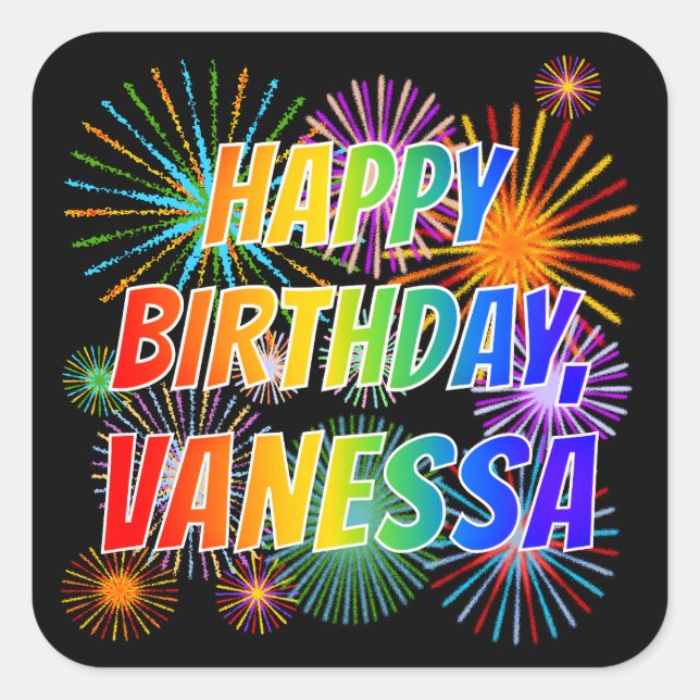 Adesivo Quadrado Nome "VANESSA", Diversão "FELIZ ANIVERSÁRIO" (Frente)
