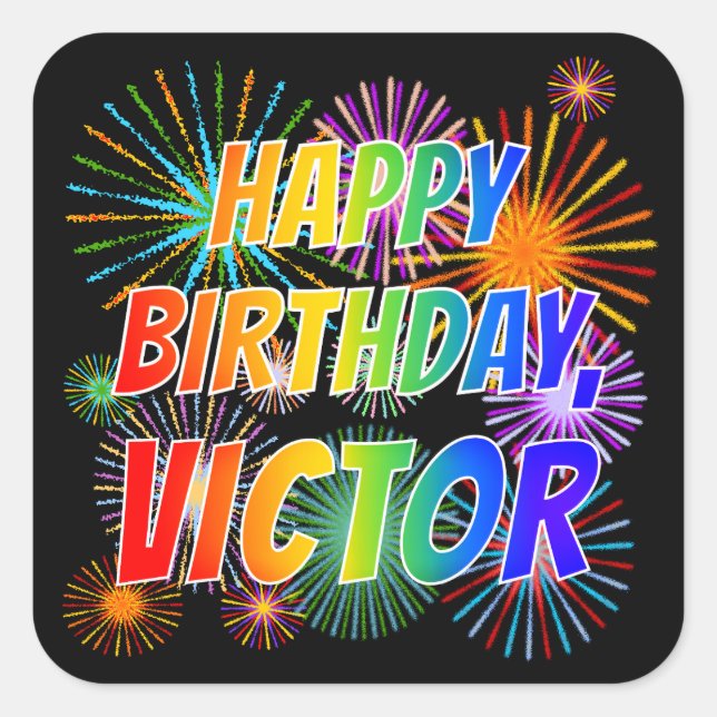 Adesivo Quadrado Nome "VICTOR", Diversão "FELIZ ANIVERSÁRIO" (Frente)
