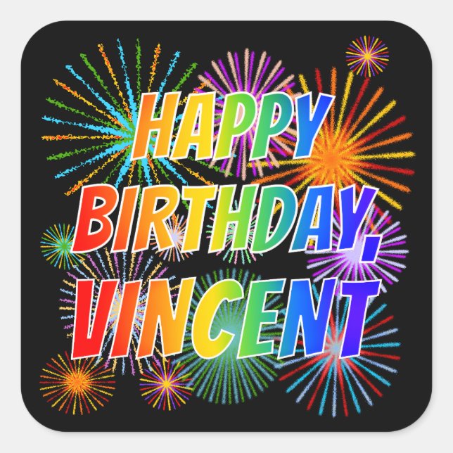 Adesivo Quadrado Nome "VINCENT", Diversão "FELIZ ANIVERSÁRIO" (Frente)