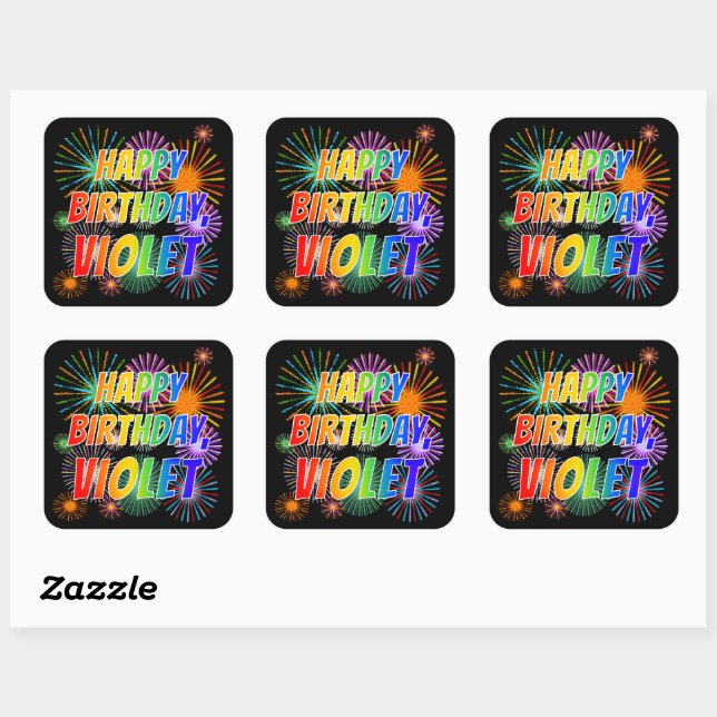 Adesivo Quadrado Nome "VIOLET", Diversão "FELIZ ANIVERSÁRIO" (Folha)