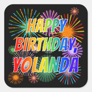 Adesivo Quadrado Nome "YOLANDA", Diversão "FELIZ ANIVERSÁRIO"