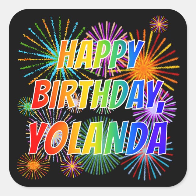 Adesivo Quadrado Nome "YOLANDA", Diversão "FELIZ ANIVERSÁRIO" (Frente)
