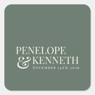 Adesivo Quadrado Nomes de Casamento Personalizados de Sage Escuro C