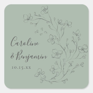 Adesivo Quadrado Nomes Personalizados Favor de Casamento Floral Ver