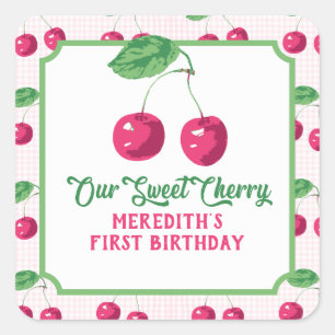 Adesivo Quadrado "Nossa doce cereja", aniversário rosa e verde
