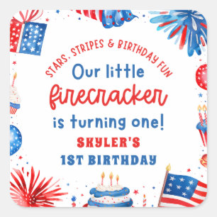 Adesivo Quadrado Nosso Pequeno Firecracker 4 de julho primeiro aniv