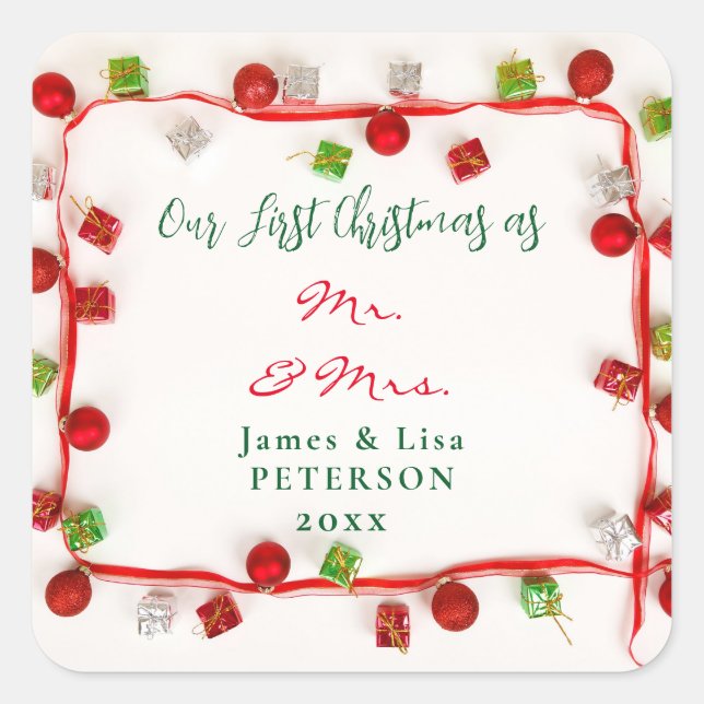 Adesivo Quadrado Nosso Primeiro Natal como Sr. & Sra. (Frente)