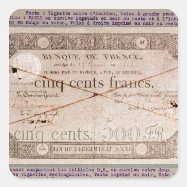 Adesivo Quadrado Nota de 500 francos da 24.a Alemanha (Frente)