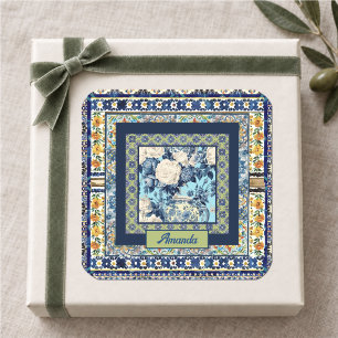 Adesivo Quadrado Nota de monograma de chinoiserie de azulejo azul f
