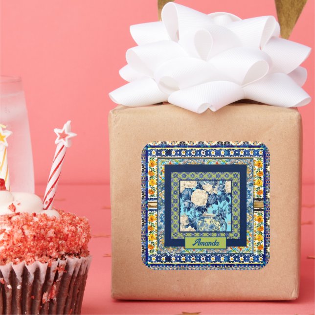 Adesivo Quadrado Nota de monograma elegante de azulejo azul floral (Festa)