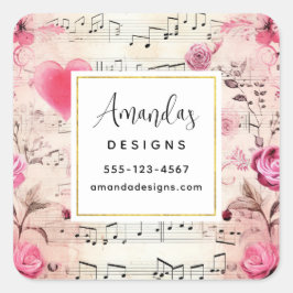 Adesivo Quadrado Notas e Rosas Musicais Design Business