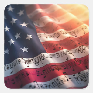 Adesivo Quadrado Notas Musicais sobre uma bandeira Americana