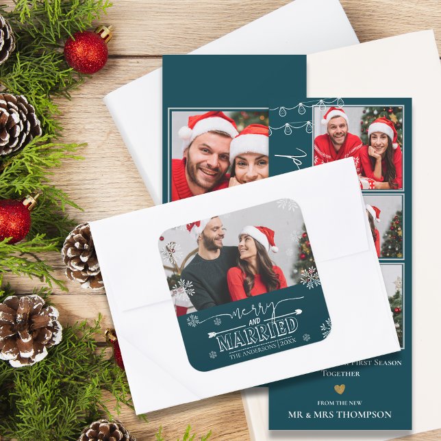 Adesivo Quadrado Nova Feliz Verde de Natal e Foto casada (Newlywed Christmas Green Merry & Married Photo Square Sticker)