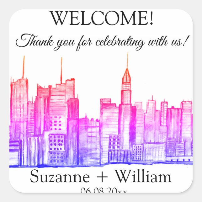 Adesivo Quadrado NOVA IORQUE skyline Pink Favorece Casamentos (Frente)