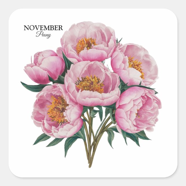 Adesivo Quadrado Novembro Peony Bloom - Presente de Aniversário Per (Frente)