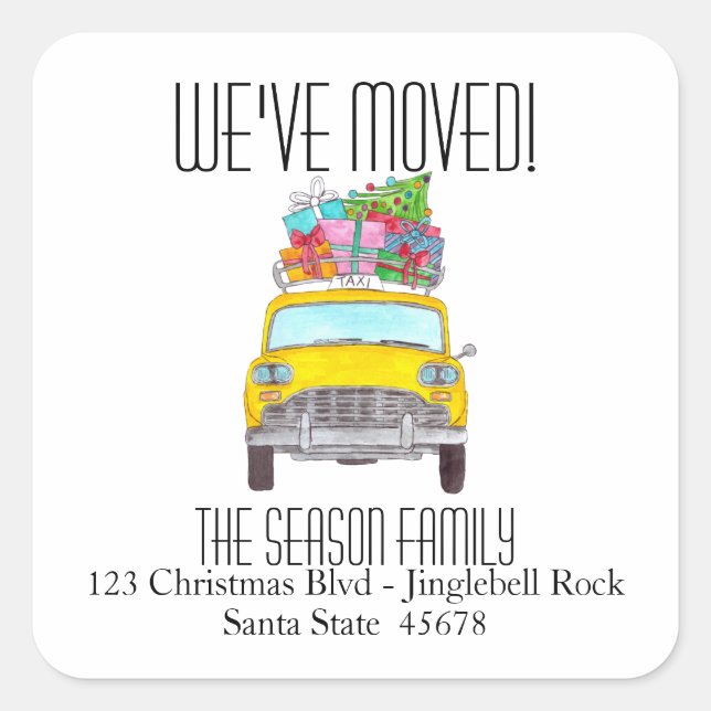 Adesivo Quadrado Novo endereço Presentes de Natal de táxi amarelo (Frente)