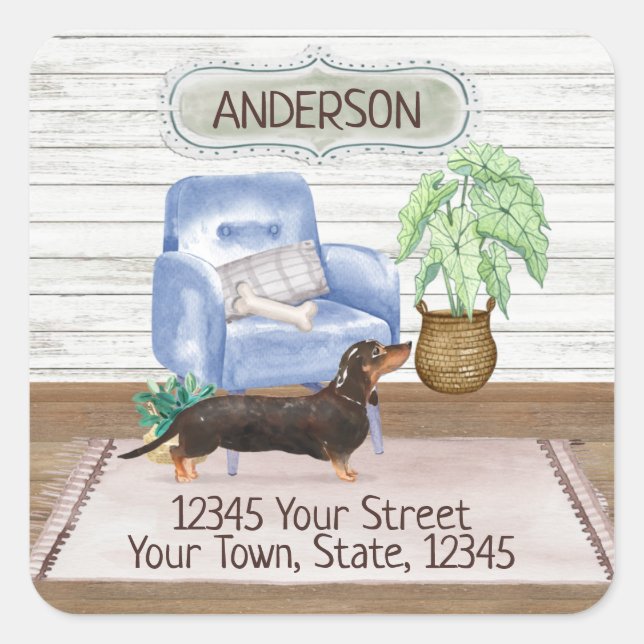 Adesivo Quadrado Novo endereço residencial Black Dachshund Cozy (Frente)