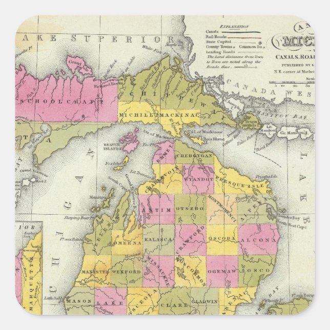 Adesivo Quadrado Novo Mapa De Michigan 2 (Frente)