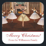 Adesivo Quadrado Nutcracker Merry Christmas Gift Stickers<br><div class="desc">Bonito presente digital de trabalho de arte digital de Nutcracker ou adesivos de etiqueta. Estes encantadores adesivos apresentam três bailarinas dançando com um preguiçoso no salão de baile. O fundo do adesivo tem um fundo branco e lê Feliz Natal em um roteiro elegante vermelho, e também uma área modelo para...</div>