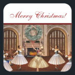 Adesivo Quadrado Nutcracker Merry Christmas Gift Stickers<br><div class="desc">Bonito presente digital de trabalho de arte digital de Nutcracker ou adesivos de etiqueta. Estes adesivos apresentam três bailarinas dançando com um preguiçoso no salão de baile. O topo do adesivo tem um fundo branco e lê Feliz Natal em um elegante roteiro vermelho. Isso daria uma bela adição à sua...</div>
