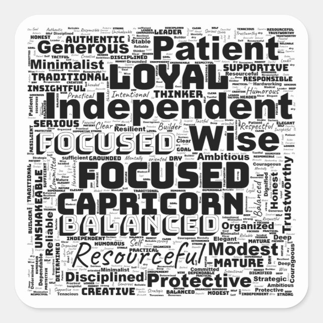 Adesivo Quadrado Nuvem de Palavras Inspiradas no Zodíaco de Capricó (Frente)