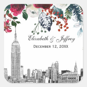 Adesivo Quadrado NYC Skyline ESB Etch Burgundy Grn Floral Watercolr