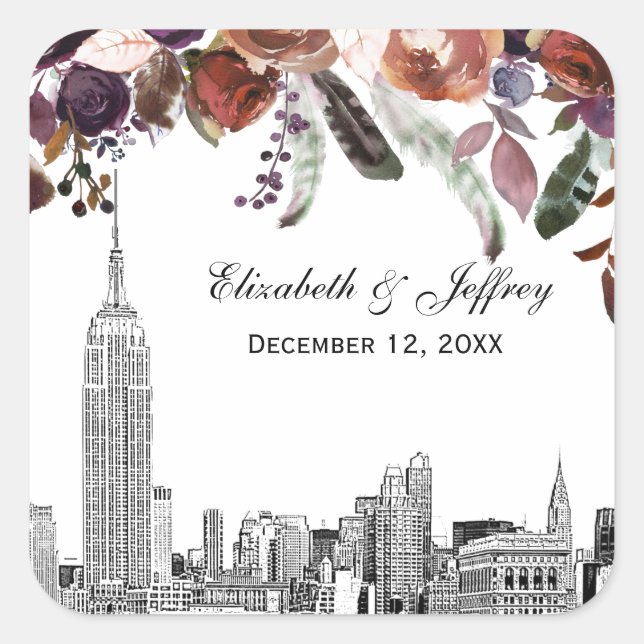 Adesivo Quadrado NYC Skyline ESB Etch Burgundy Plum Floral Casament (Frente)