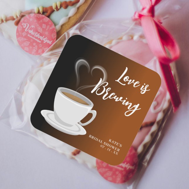 Adesivo Quadrado O Amor Está Cozinhando Chá de Panela em Terracota  (Love is Brewing Terracotta & Black Bridal Shower Square Sticker
)