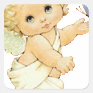 Adesivo Quadrado O bebê anjo loiro com uma borboleta.