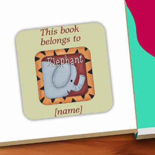 Adesivo Quadrado O Bookplate do elefante este livro pertence à