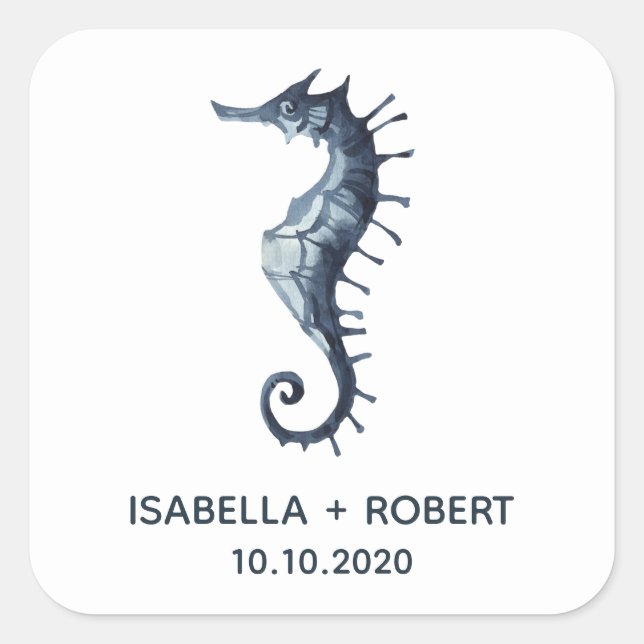 Adesivo Quadrado O Cavalo de Mar Azul | Monograma de Casamento (Frente)
