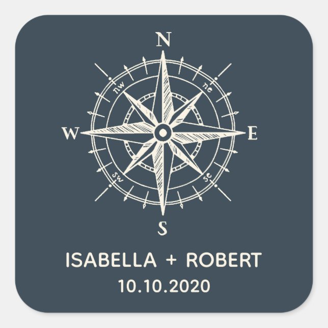 Adesivo Quadrado O Compass Azul | Monograma de Casamento (Frente)