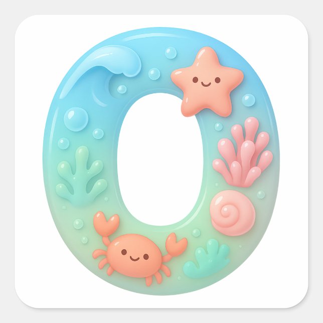 Adesivo Quadrado "O" Cute Letter - Underwater Sea Creature  (Frente)