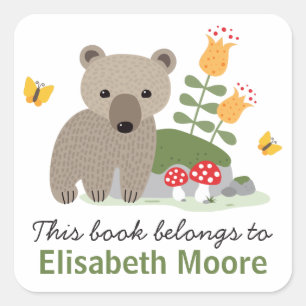 Adesivo Quadrado O filhote de urso com flores e bookplate dos